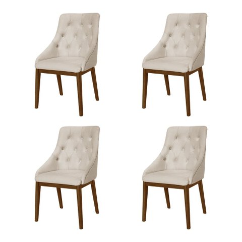 Kit 4 Cadeiras de Jantar Luxo Estofada Elisa Anatômica Capitonê Linho Bege Base Madeira Maciça Imbui