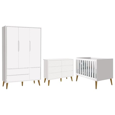 Dormitório Completo Infantil Theo 3 Portas, Cômoda 6 Gavetas e Berço Branco Fosco com Pés Amadeirado