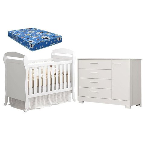 Berço Americano Danny e Cômoda Infantil Zaki Branco Acetinado com Colchão Ortobom - Reller