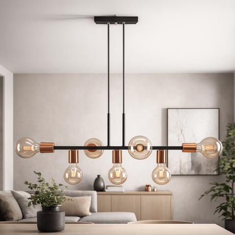 Luminária de Teto Pendente Rubis para 7 Lâmpadas 68cm Moderno Industrial - Preto/cobre Verniz