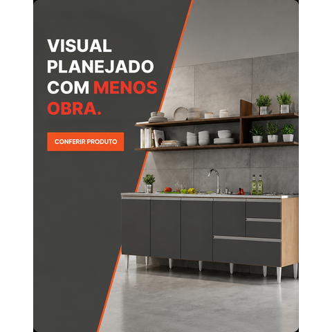 Balcão Gabinete Pia 2,00m Maceió Bymadero Amêndoa / Grafite – 4 Portas 2 Gavetas + 1 Gavetão