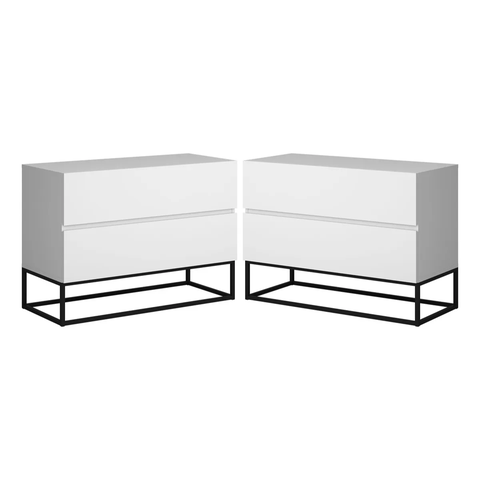 Conjunto Duas Mesas de Cabeceira Eros 60cm Pés Preto 2 Gavetas Fosco Quarto:branco