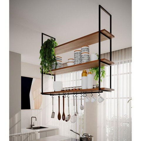 Nicho de Teto Indústrial Denver 120cm Preto e Freijó - Cor: Preto