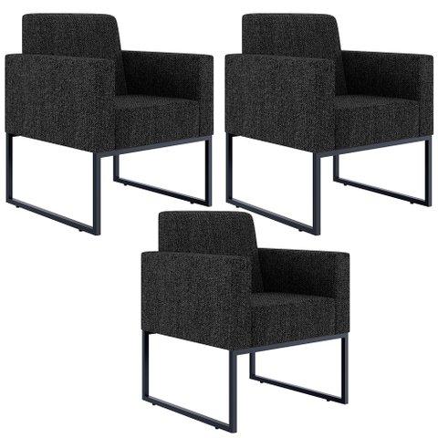 Kit 3 Poltronas Decorativas para Sala Recepção Base Fixa Metal Helô L02 Linho Chumbo - Lyam