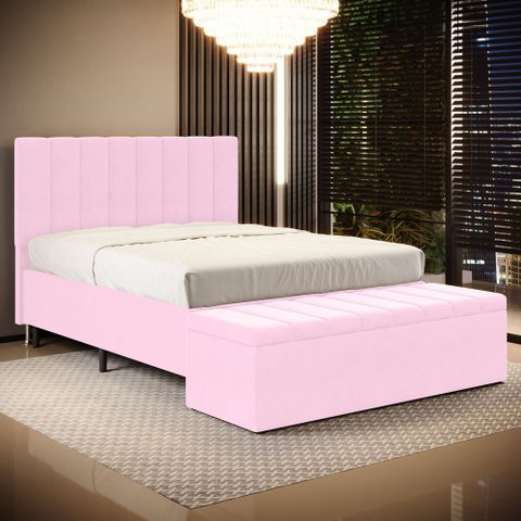 Cabeceira Nashira e Calçadeira Baú Navi 160 para Cama Queen Z-021 Sued Rosa Bebê Aradecor