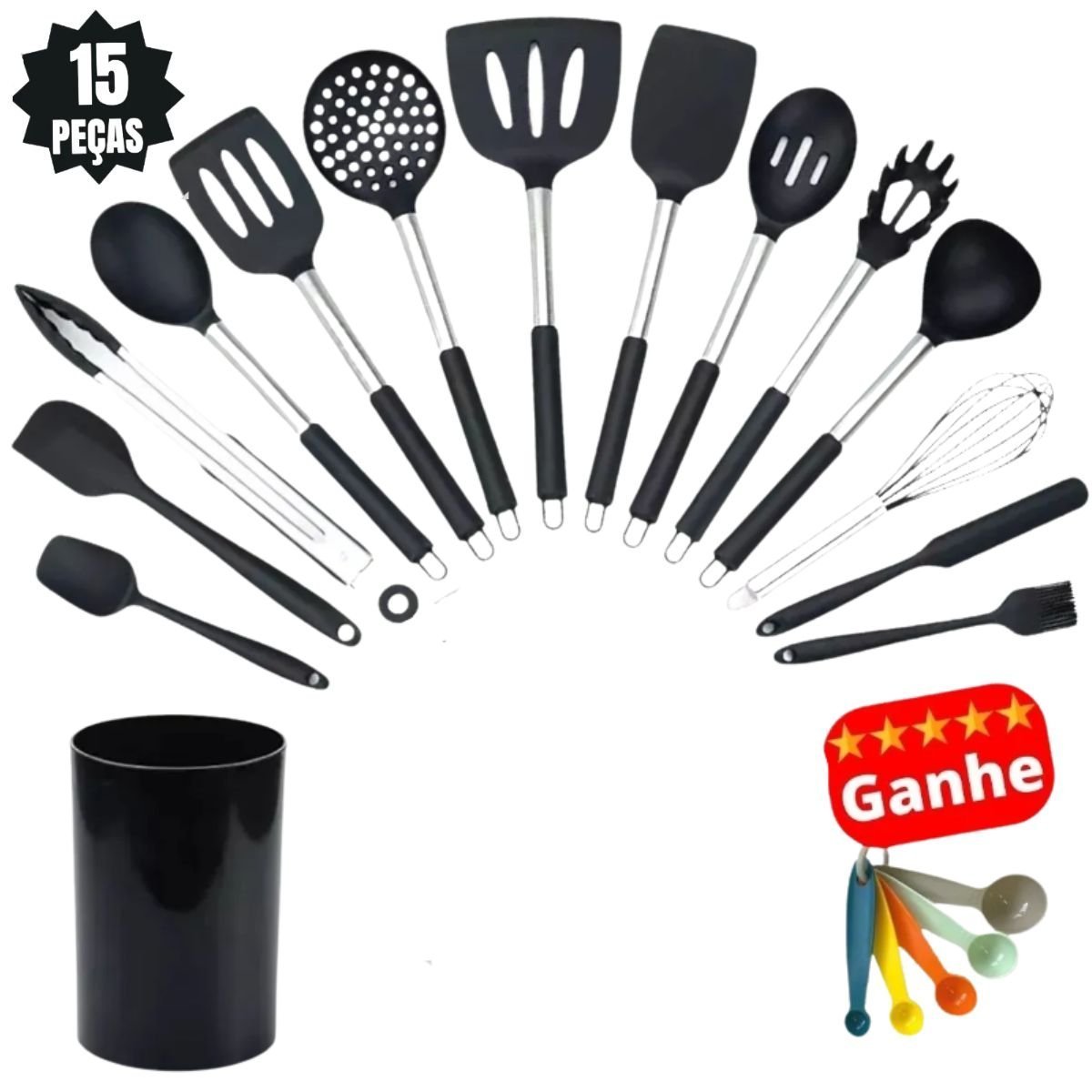 CONJUNTO UTENSILIO COZINHA SILICONE KIT 15 PEÇAS CABO INOX - PRETO - 2