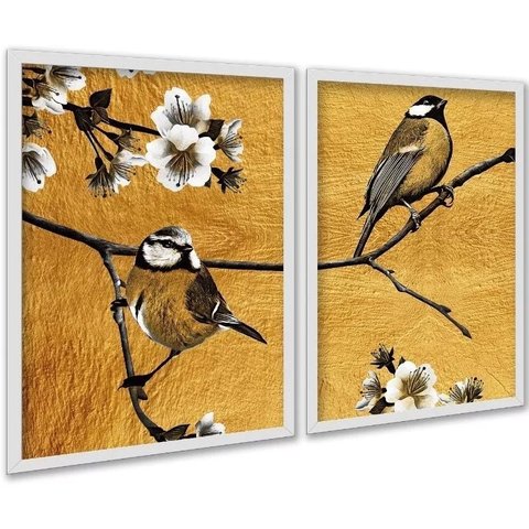 Kit 2 Quadros Pássaros Dourados Flores Cerejeira 45x34cm:moldura Branca
