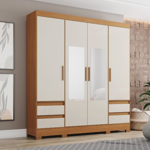 Guarda Roupa Roupeiro Casal Bernardi B383 Briz 4 Portas 4 Gavetas Espelho Cinamomo Off White Henn