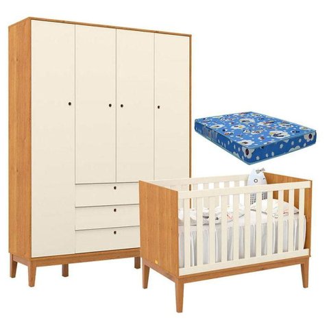 Berço Americano e Guarda Roupa Unique 4 Portas Freijó Off White Eco Wood com Colchão Ortobom