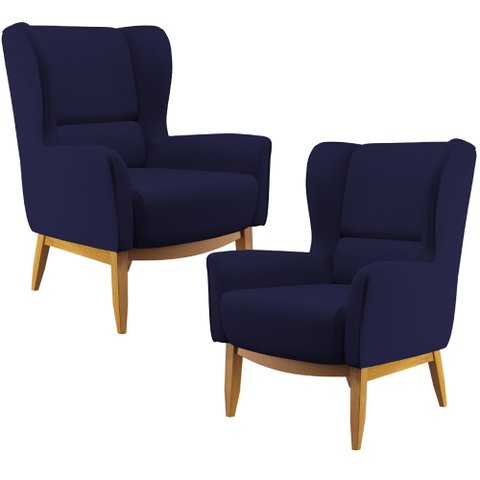 Kit 02 Poltronas Decorativa Fixa Base de Madeira Milena D02 Veludo Azul Marinho B-304 - Lyam Decor