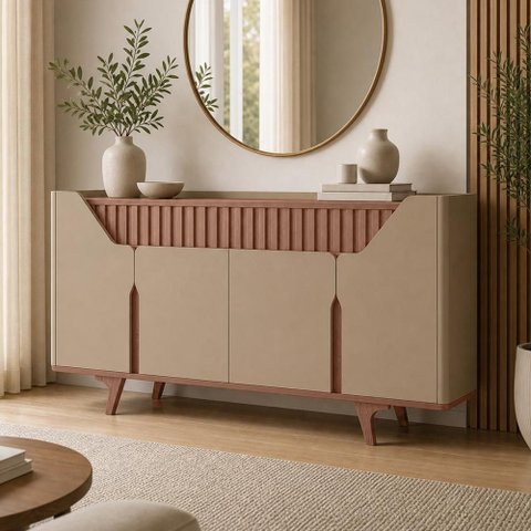 Aparador Buffet para Sala de Jantar 4 Portas 2 Gavetas Ripadas 180cm Volga B02 Fendi Freijó - Lyam