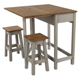 Mesa Dobrável e 2 Banquetas de Madeira Maciça Cinza Lavado - 2