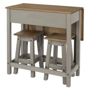 Mesa Dobrável e 2 Banquetas de Madeira Maciça Cinza Lavado