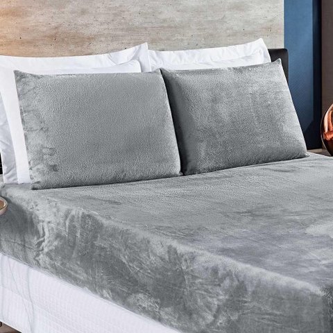 Jogo de Cama Lençol Biasoft Casal Queen Manta Flannel Toque Extra Macio 03 Peças - Cinza