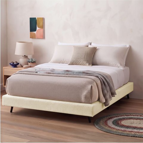 Base Box Japonesa Flutuante Cama Cais Casal Linho Bipartida Base para Colchão Quarto Bege