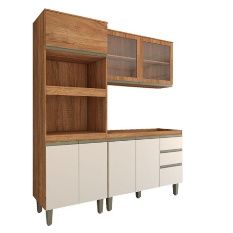 Cozinha Compacta Modulada 7 Portas 3 Gavetas com Vidro Freijó/off White - Panorama Móveis