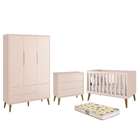 Dormitório Infantil Theo Retrô 3 Portas, Cômoda, Berço Rosa Fosco com Pés Amadeirado e Colchão D18 -