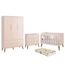 Ver imagem 1 de Dormitório Infantil Theo Retrô 3 Portas, Cômoda, Berço Rosa Fosco com Pés Amadeirado e Colchão D18 -