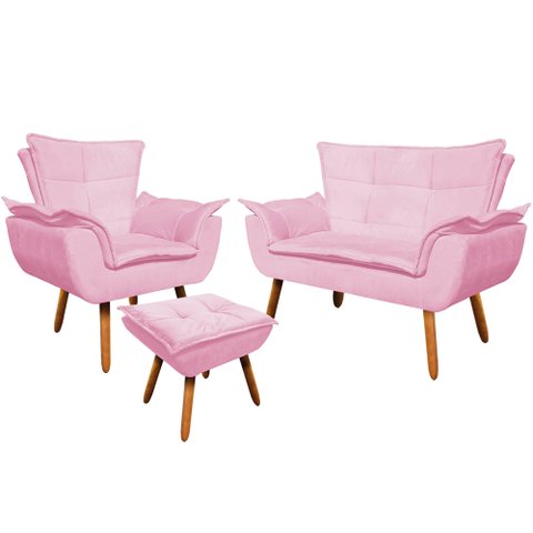 Conjunto Poltrona Puff e Namoradeira Pés Palito Charger Suede Rosa - Gran Belo
