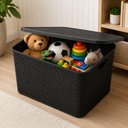 Ver imagem 2 de Cesto Organizador Rattan Preto 48cm com Tampa Caixa Multiuso Empilhavel para Brinquedos Roupas Armar