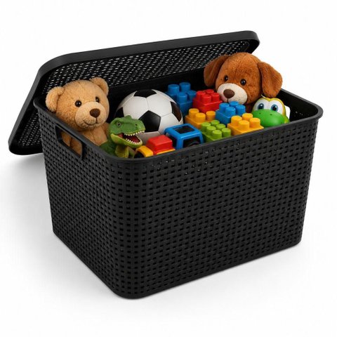 Cesto Organizador Rattan Preto 48cm com Tampa Caixa Multiuso Empilhavel para Brinquedos Roupas Armar