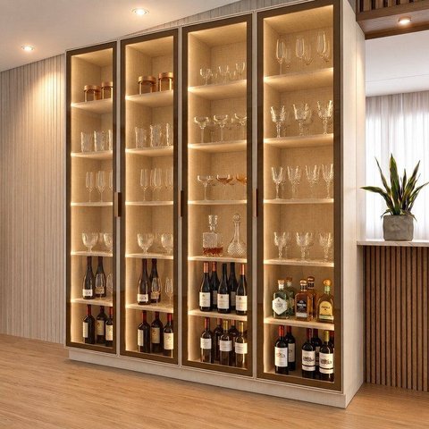 Cristaleira 200cm 4 Portas com LED e Vidro Reflecta Temperado 100% MDF Fineze Bege/Areia HP