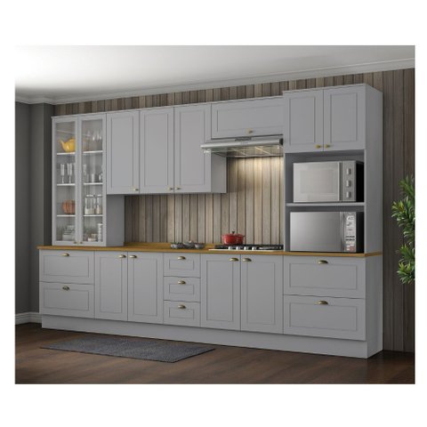 Cozinha Modulada Completa 343cm com Cristaleira e Torre Quente 12 Portas 7 Gavetas Americana Henn - 