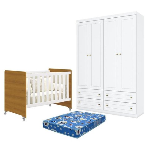 Berço Americano Evolution 4 em 1 Branco Acetinado Savana e Guarda Roupa Infantil Americano 4 Portas 