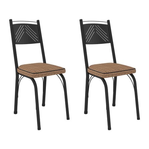 Kit 2 Cadeiras de Cozinha Virginia Estampado Rattan Bege Pés de Ferro Preto