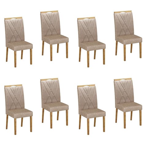 Kit de 8 Cadeiras para Sala de Jantar Pés em Madeira Maciça Lara Bege/Cinamomo/Linho