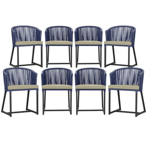 8 Cadeiras de Jantar Área Noronha em Alumínio com Pintura Preta Corda Náutica Estofado 7 Trama Origi