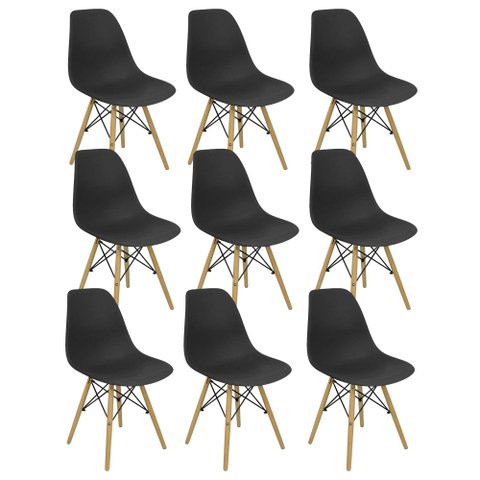 Kit 9 Cadeiras Charles Eames Eiffel Wood Design Preta