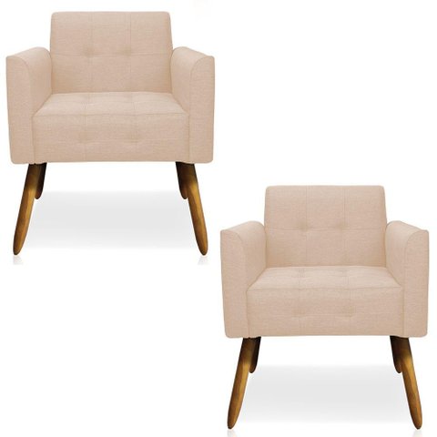 Kit 2 Poltronas Decorativas Pés Palito Karen Linho Bege