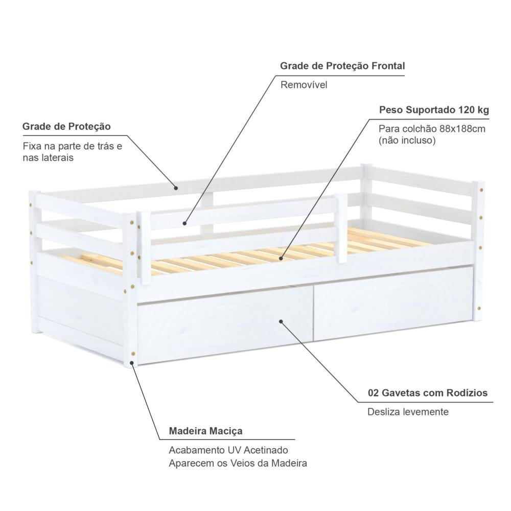 Cama Solteiro Slim Rb com 02 Gavetas e Grade de Proteção Madeira Maciça Branco Housin - 4