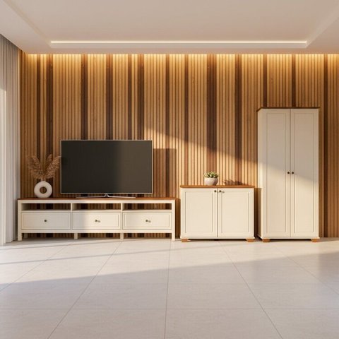 Conjunto 3 Peças 1 Rack 210cm, 1 Armário e 1 Balcão Madeira Maciça Ananda CabeCasa MadeiraOriginals