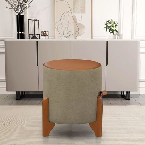 Puff Gentil Thor Corino Redondo Espuma D18 - Linho - Bege/caramelo