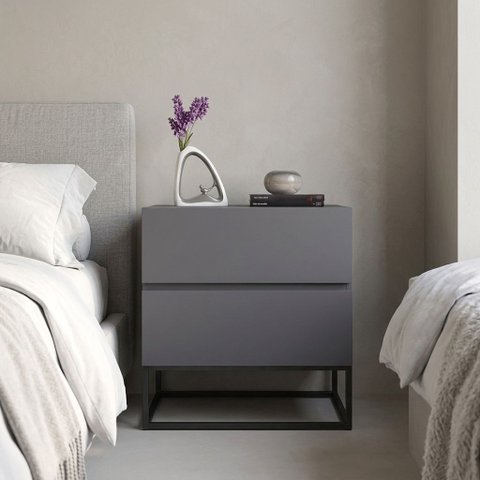Criado Mesa de Cabeceira Eros 45cm MDF Cinza 2 Gavetas Corrediça Telescópica Pés de Ferro Preto