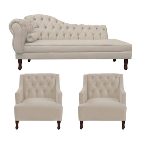 Kit Divã Cancun 185 Cm Braço Direito + 2 Poltronas Genesis Bege