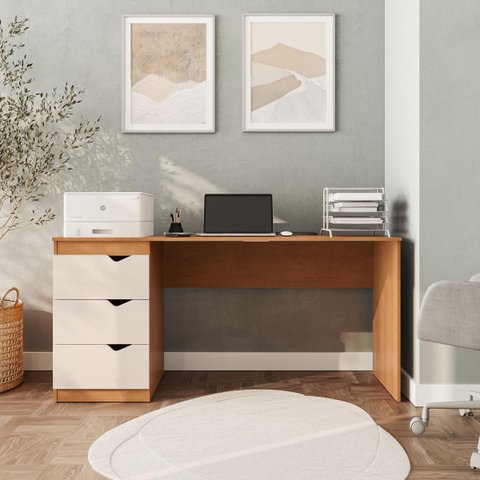 Mesa Escrivaninha Porto Escritório 3 Gavetas 163x77cm Creme/Freijó 250685