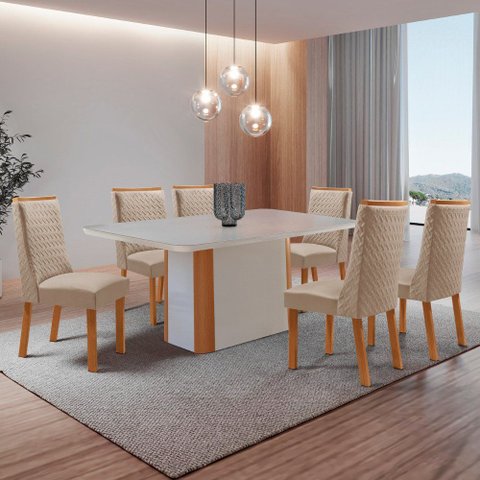 Mesa de Jantar Isadora 180cm Tampo MDF Vidro Canto Copo com 6 Cadeiras Carolina