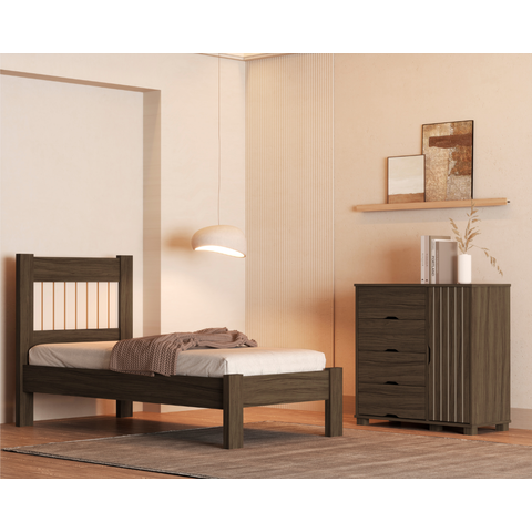 Kit Cama Solteiro para Quarto Mdf com Cômoda 4 Gavetas 1 Porta Sapateira Bela Design Moderno:chocola