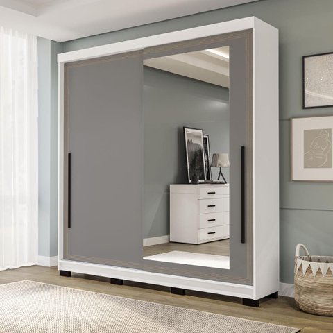 Roupeiro Valência 2 Portas Correr com Espelho 177x213cm Branco/Cinza 240853