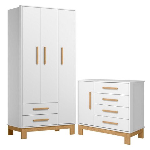 Conjunto Guarda Roupa e Cômoda Ponto Nobre 4 Portas 6 Gavetas MDP Branco Acetinado Qmovi