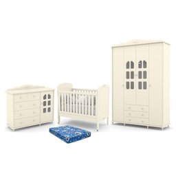 Dormitório Infantil Provence New Guarda Roupa, Cômoda Plus e Berço Off White com Colchão - Matic Móv - 1