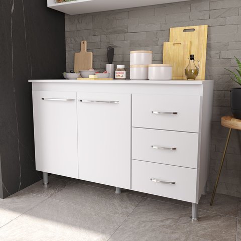 Balcão Modulado para Cozinha com Tampo Fidelitá Viena 120cm 2 Portas 3 Gavetas