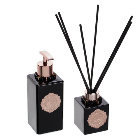 Kit Lavabo 2 Produtos Vidros Pretos Enfeites Rosé Gold - Fragrância: Bleu de Mer Tânia B