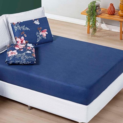 Jogo Cama Lençol Celi Casal Padrão Micropercal 200 Fios 3 Peças - Azul Marinho Floral