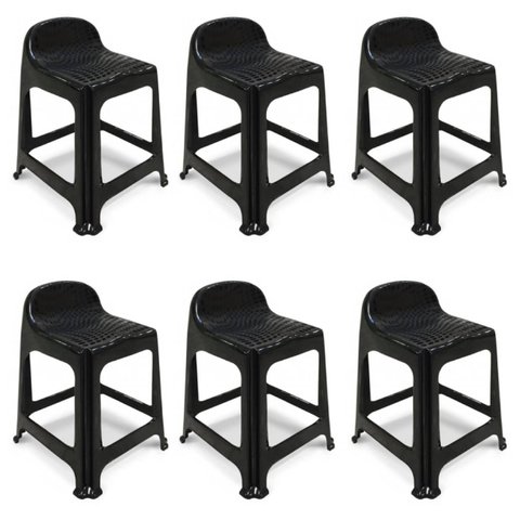 Kit 6 Banquetas de Plástico Banquinho com Encosto Preto Empilhável