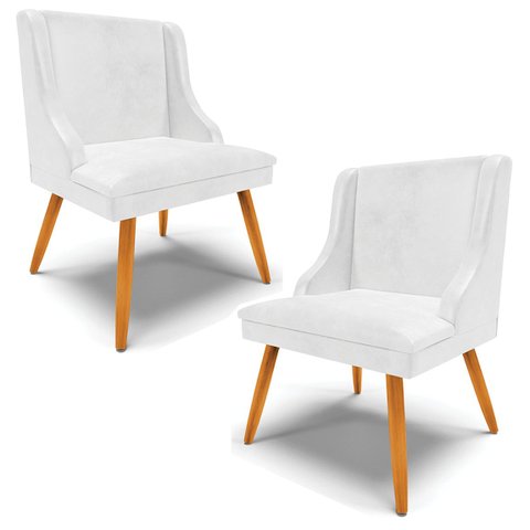 Kit 2 Cadeiras Decorativas Sala de Jantar Pés Palito de Madeira Firenze PU Branco Brilho/Natural G19