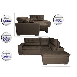 Sofá de Canto 2.60x2.36m Retrátil e Reclinável com Molas Cama inBox Platinum Direito Suede Café - 2